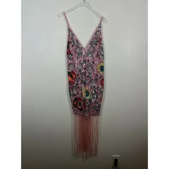 ASOS EDITION Floral Embellished Cami Fringe Dress 12 Pink Swiftie Bachelorette - Picture 4 of 10